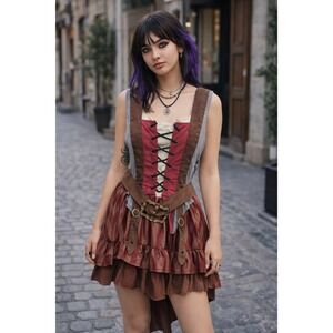 Womens Pirate High Low Dress Renaissance Cosplay Costume Red Brown Striped Laced